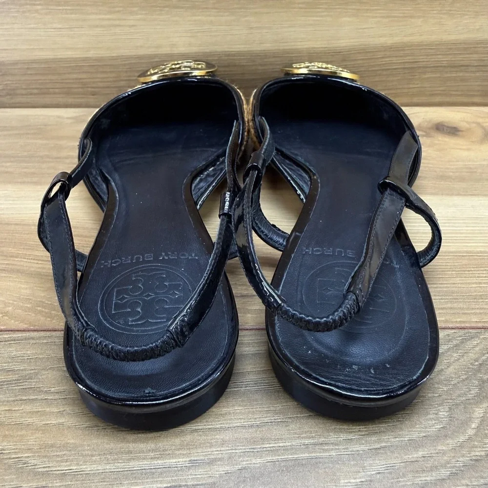 Tory Burch Jolie Woven Raffia Reva Flats Womens 6.5 Black Gold Slingback